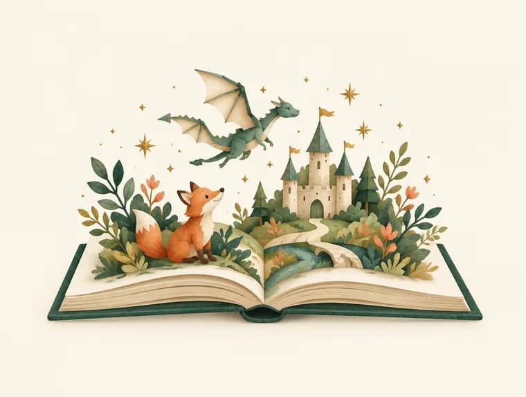 Um livro aberto revela um mundo de aventuras, com dragão, castelo e raposa